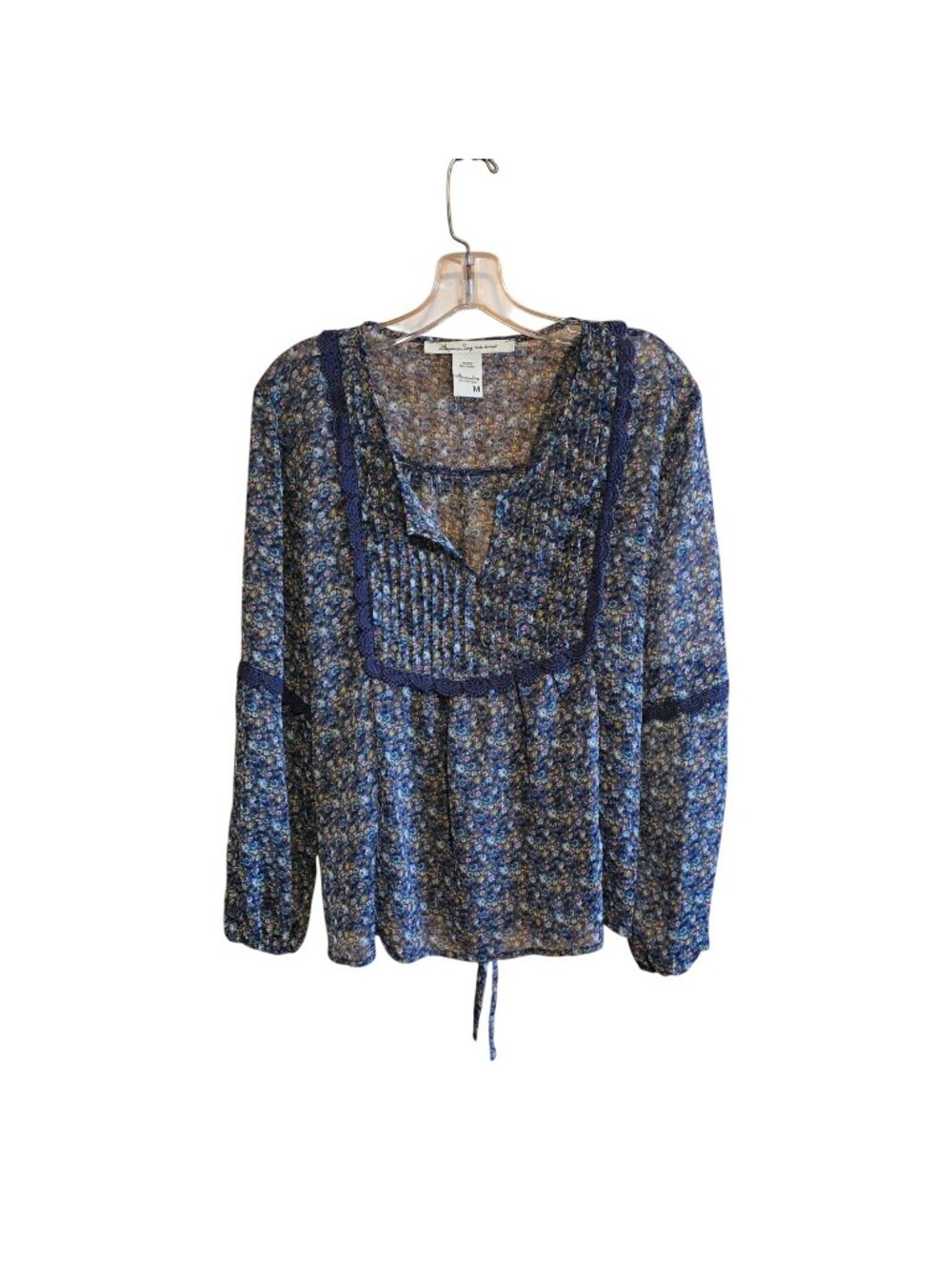 Sheer Floral Blouse Lace Trim pin tuck detail Boho Style peasant calico pattern